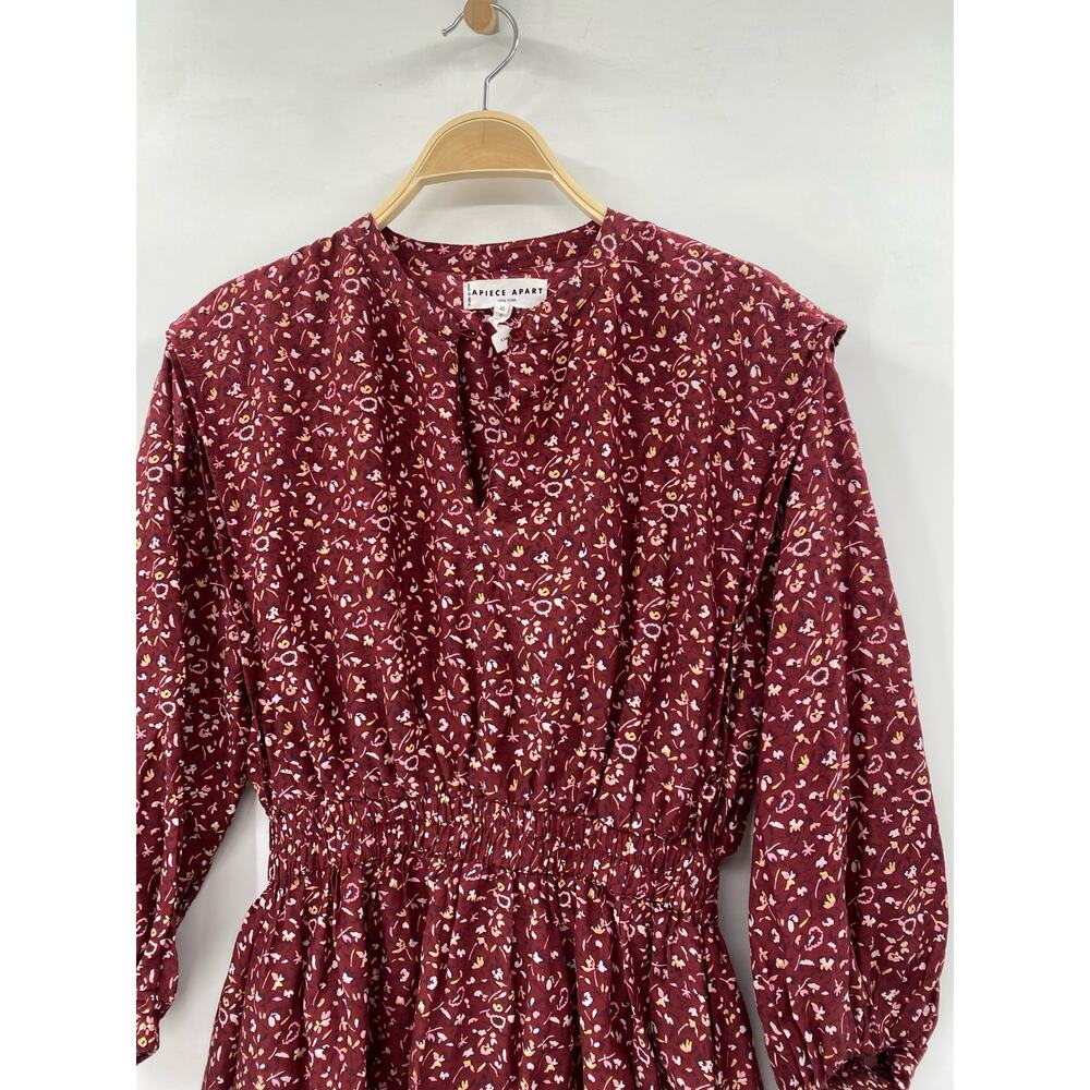 Apiece Apart Maroon Floral Smocked Waist Long Sleeve Mini Dress - Picture 2 of 5